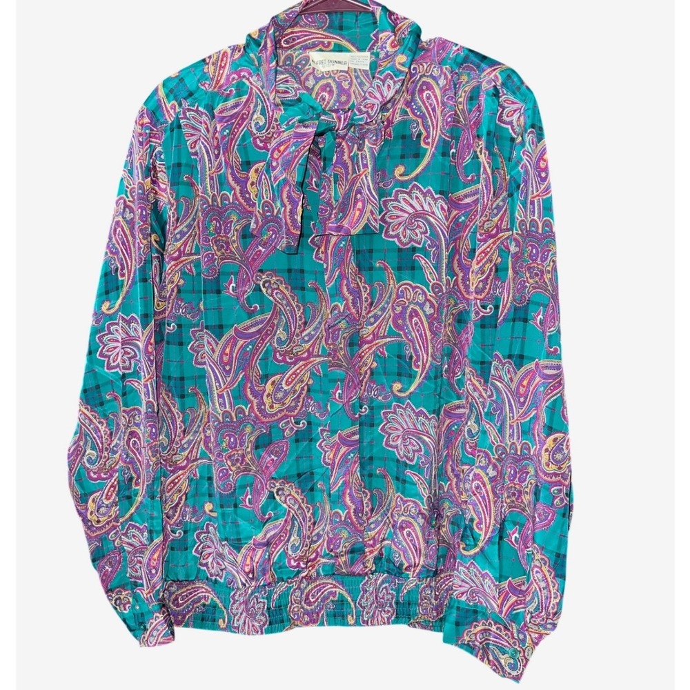 Alfred Dunner Teal Paisley Plaid Tie Neck Blouse Smocked Hem Plus Size 22W - Picture 2 of 6